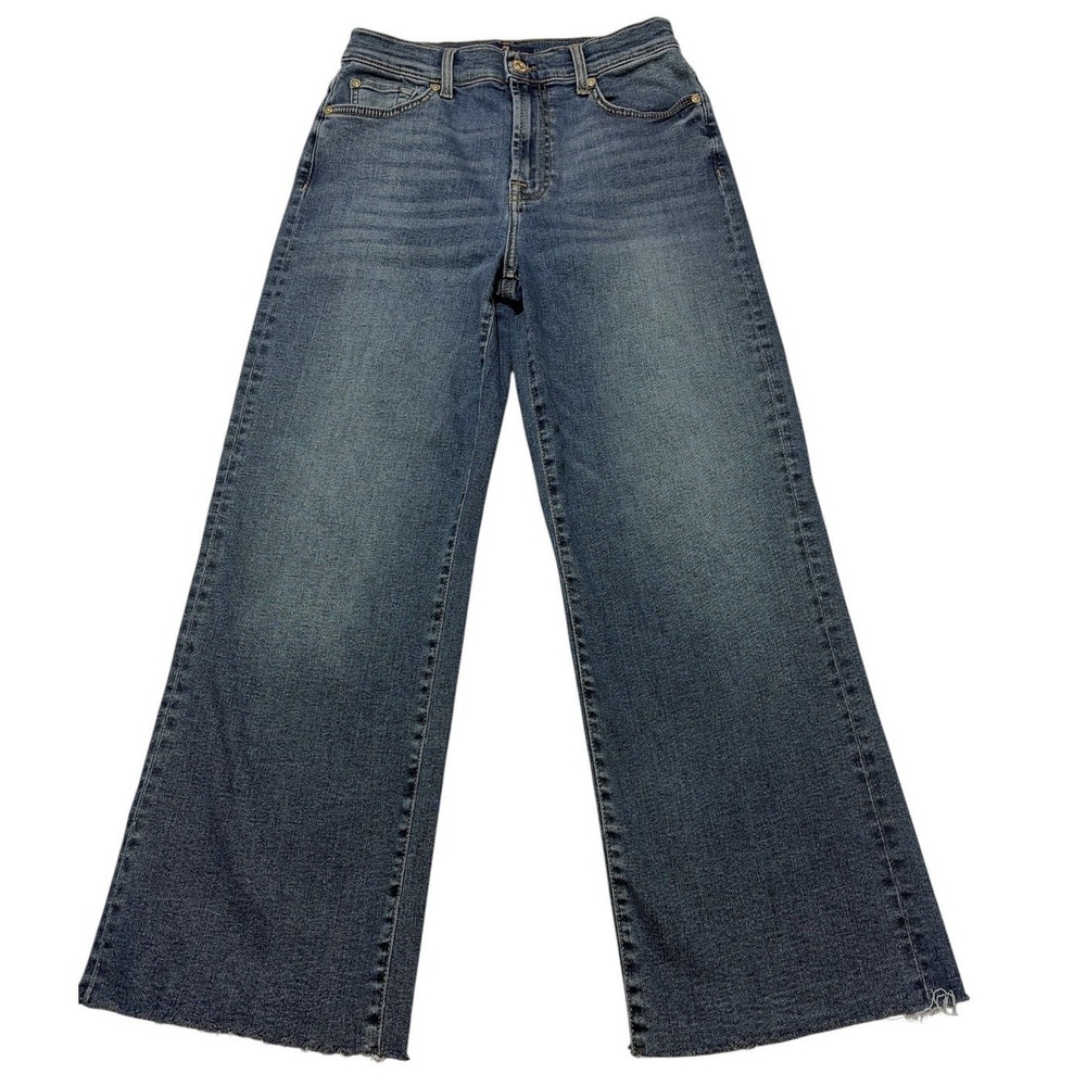 7 For All Mankind Cropped Alexa Wide Leg Jeans Blue Medium Wash Raw Hem Sz 27